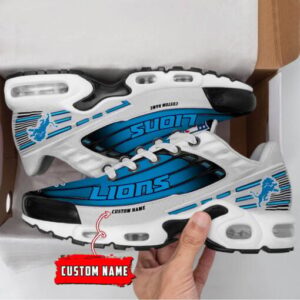 Personalized Detroit Lions Black And Team Color Stripes White Shoes Air Cushion Sneakers