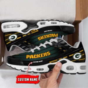 Personalized Green Bay Packers Black And Team Color Stripes Black Shoes Air Cushion Sneakers