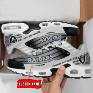 Personalized Las Vegas Raiders Black And Team Color Stripes White Shoes Air Cushion Sneakers