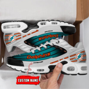 Personalized Miami Dolphins Black And Team Color Stripes White Shoes Air Cushion Sneakers