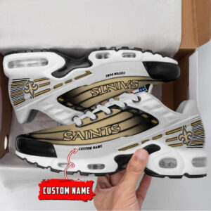 Personalized New Orleans Saints Black And Team Color Stripes White Shoes Air Cushion Sneakers