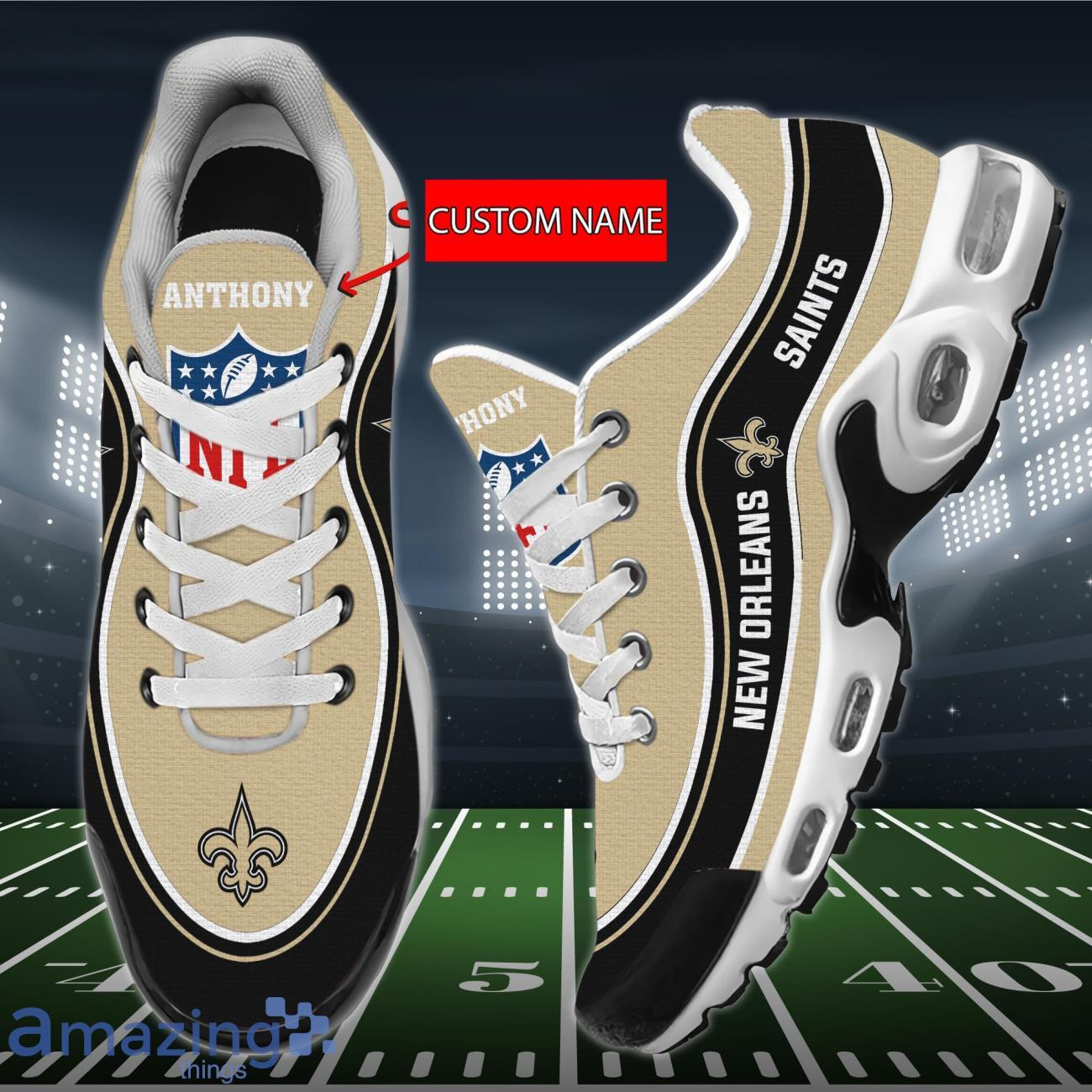 Personalized New Orleans Saints Team Logo Team Name On Black Shoes Air Cushion Sneakers 1 Personalized New Orleans Saints Team Logo Team Name On Black Shoes Air Cushion Sneakers