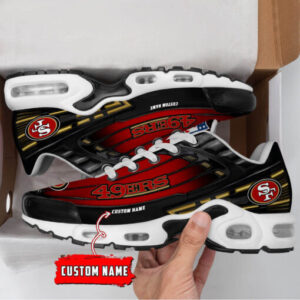 Personalized San Francisco 49ers Black And Team Color Stripes Black Shoes Air Cushion Sneakers