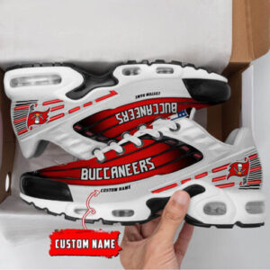 Personalized Tampa Bay Buccaneers Black And Team Color Stripes White Shoes Air Cushion Sneakers