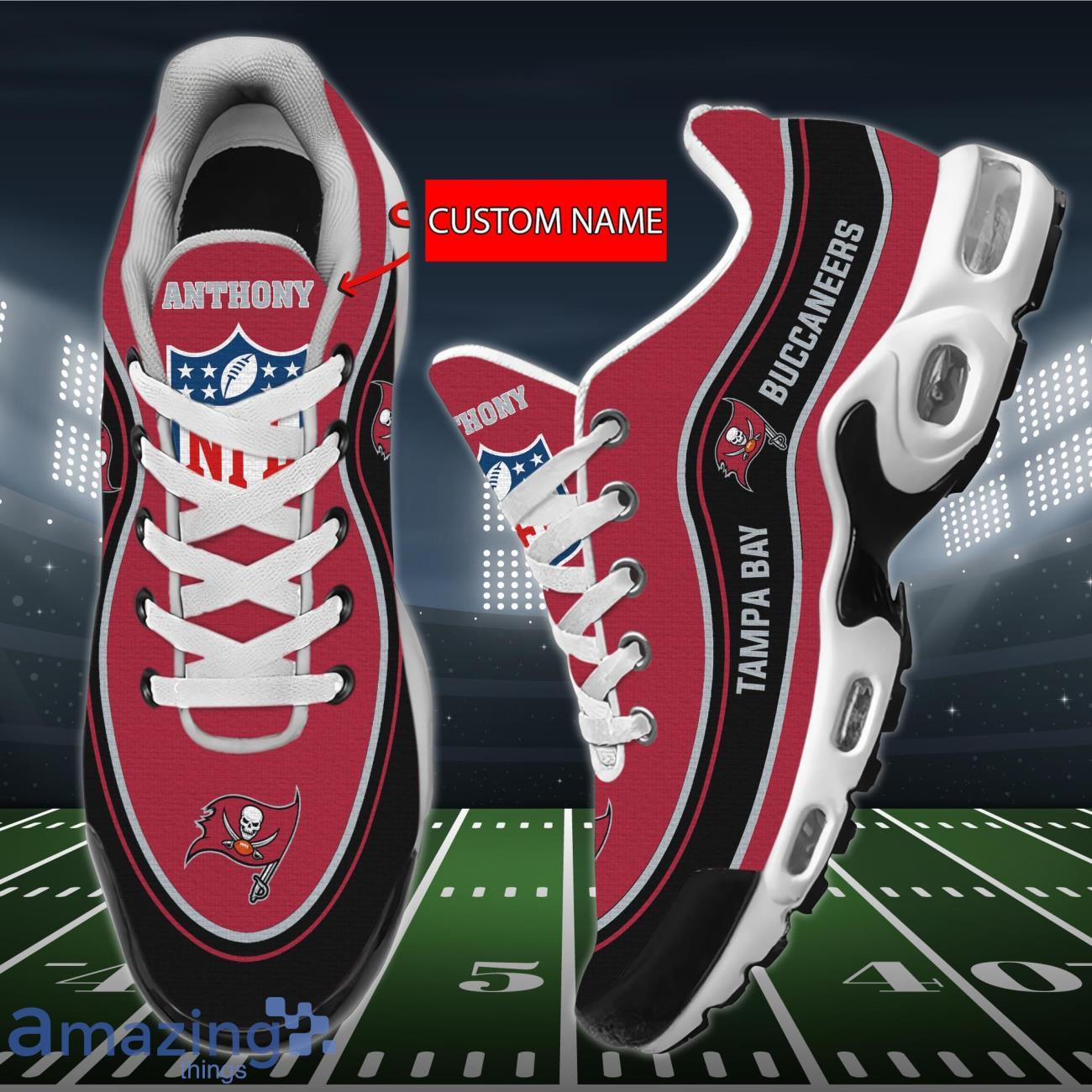 Personalized Tampa Bay Buccaneers Team Logo Team Name On Black Shoes Air Cushion Sneakers 1 Personalized Tampa Bay Buccaneers Team Logo Team Name On Black Shoes Air Cushion Sneakers