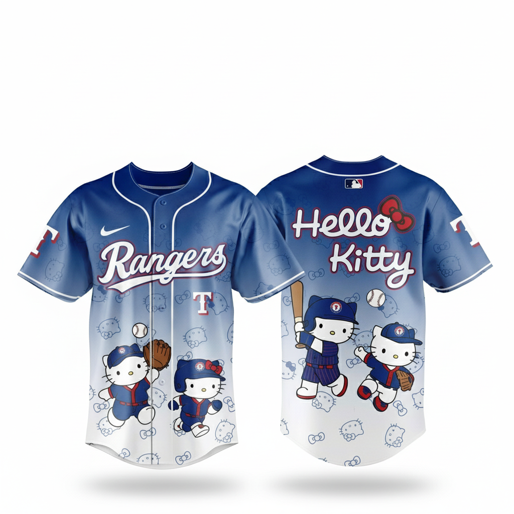 Texas Rangers Hello Kitty Night 2026 Blue White Baseball Jersey 1 Texas Rangers Hello Kitty Night 2026 Blue White Baseball Jersey
