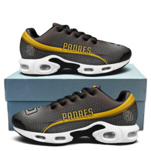 San Diego Padres Personalized Name Team Colors Wave Line Beehive Pattern Air Max Shoes Air Cushion Sneakers