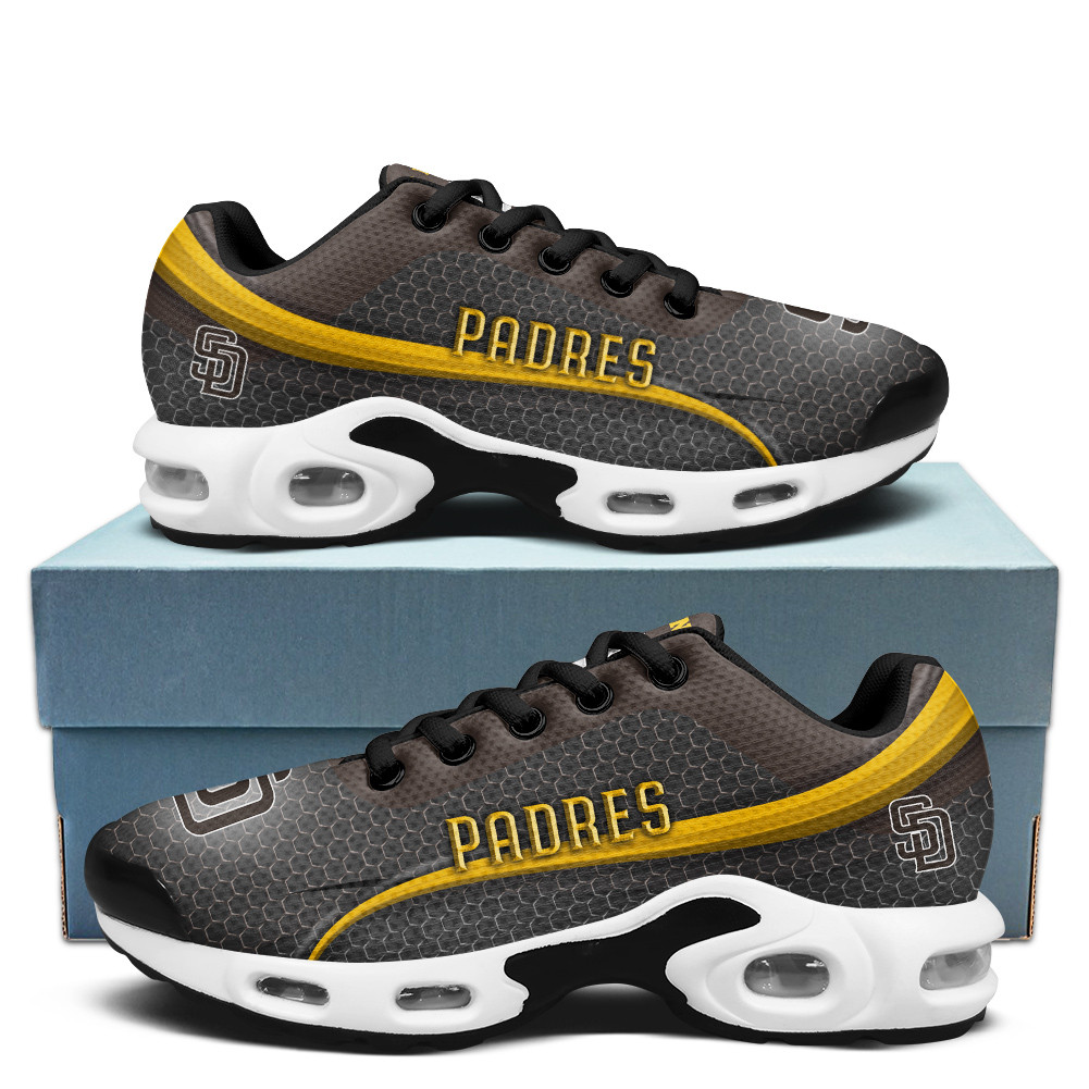 San Diego Padres Personalized Name Team Colors Wave Line Beehive Pattern Air Max Shoes Air Cushion Sneakers 1 San Diego Padres Personalized Name Team Colors Wave Line Beehive Pattern Air Max Shoes Air Cushion Sneakers