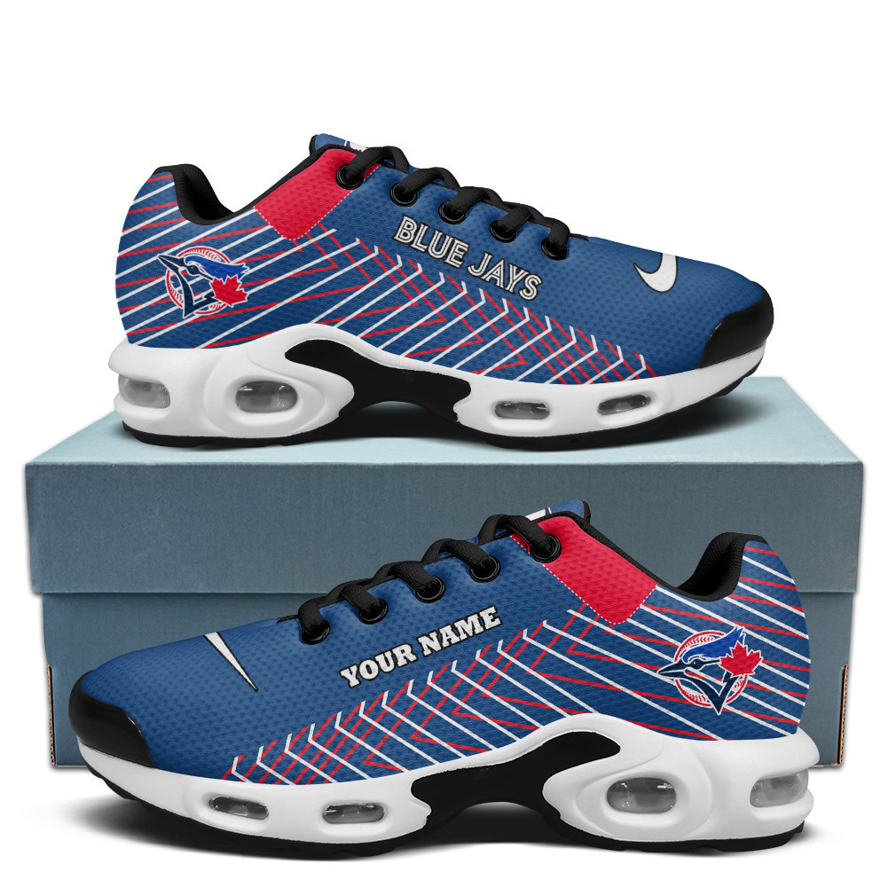 Toronto Blue Jays Personalized Name Team Colors Jagged Lines Shoes Air Cushion Sneakers 1 Toronto Blue Jays Personalized Name Team Colors Jagged Lines Shoes Air Cushion Sneakers