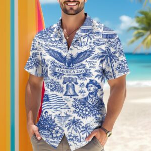 America 250th Anniversary Toile De Jouy Style Patriotic Hawaii Shirt America 250 Merchandise Gifts For A Patriotic Person