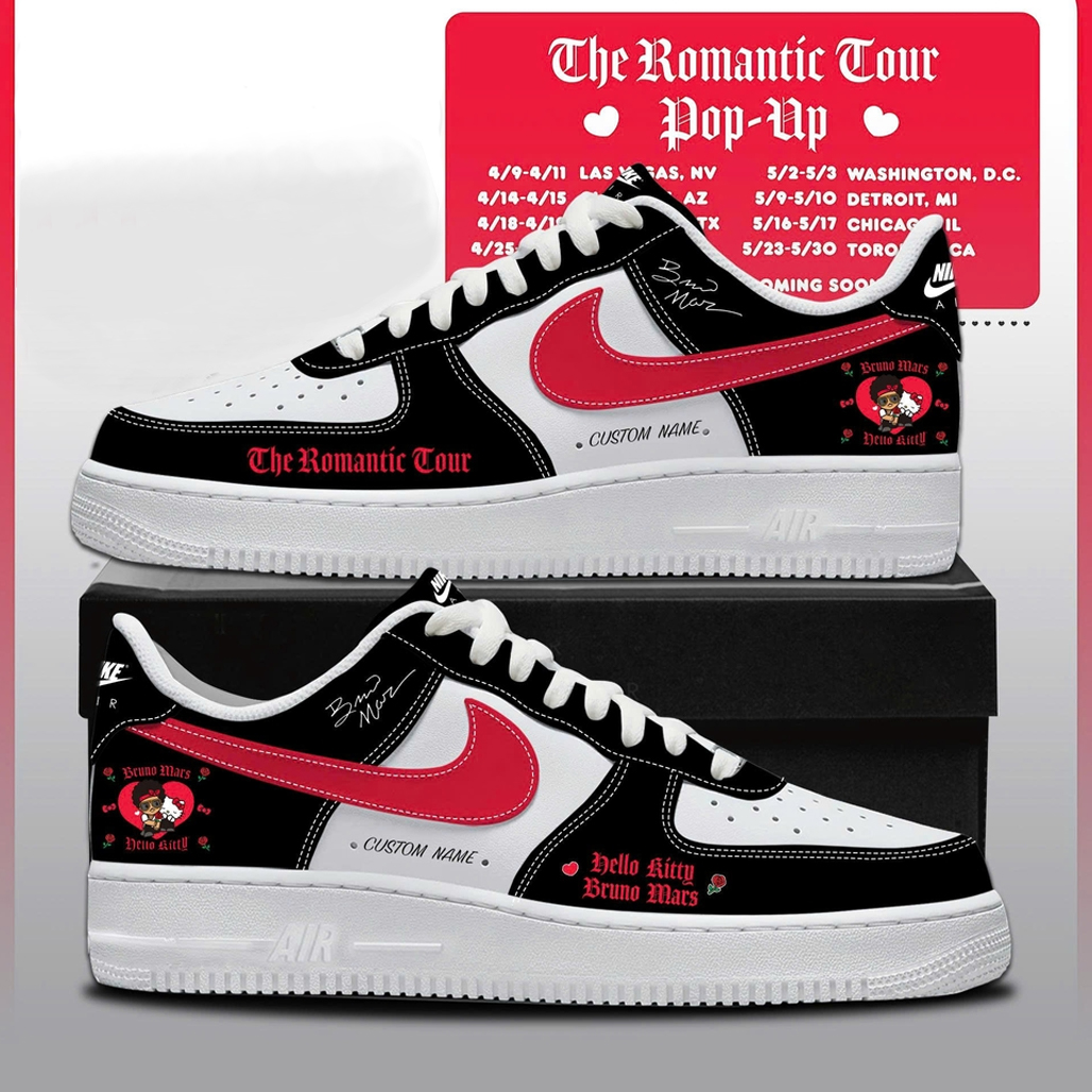 Custom Name Bruno Mars x Hello Kitty The Romantic Tour 2026 Black Air Force 1 Shoes Sneakers 1 Custom Name Bruno Mars x Hello Kitty The Romantic Tour 2026 Black Air Force 1 Shoes Sneakers