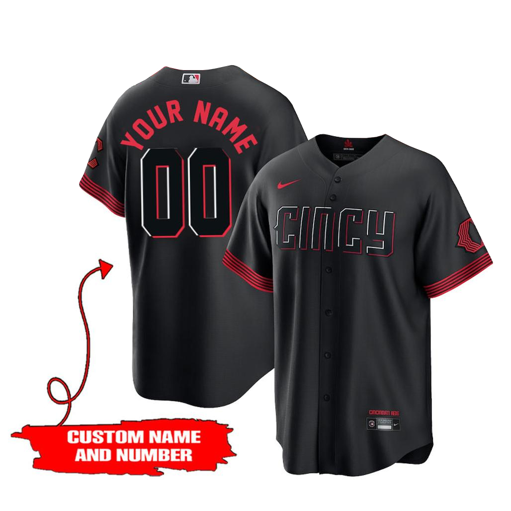 Custom Name and Number Cincinnati Reds City Connect 2026 Black Baseball Jersey 1 Custom Name and Number Cincinnati Reds City Connect 2026 Black Baseball Jersey