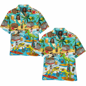 Funny Jesus Riding Dinosaurs Hawaiian Shirt