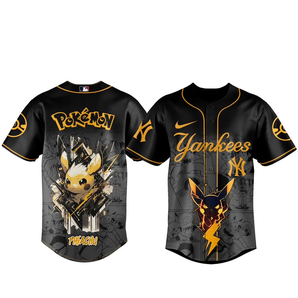 New York Yankees x Pokémon Pikachu 2026 Black Baseball Jersey 1 New York Yankees x Pokémon Pikachu 2026 Black Baseball Jersey