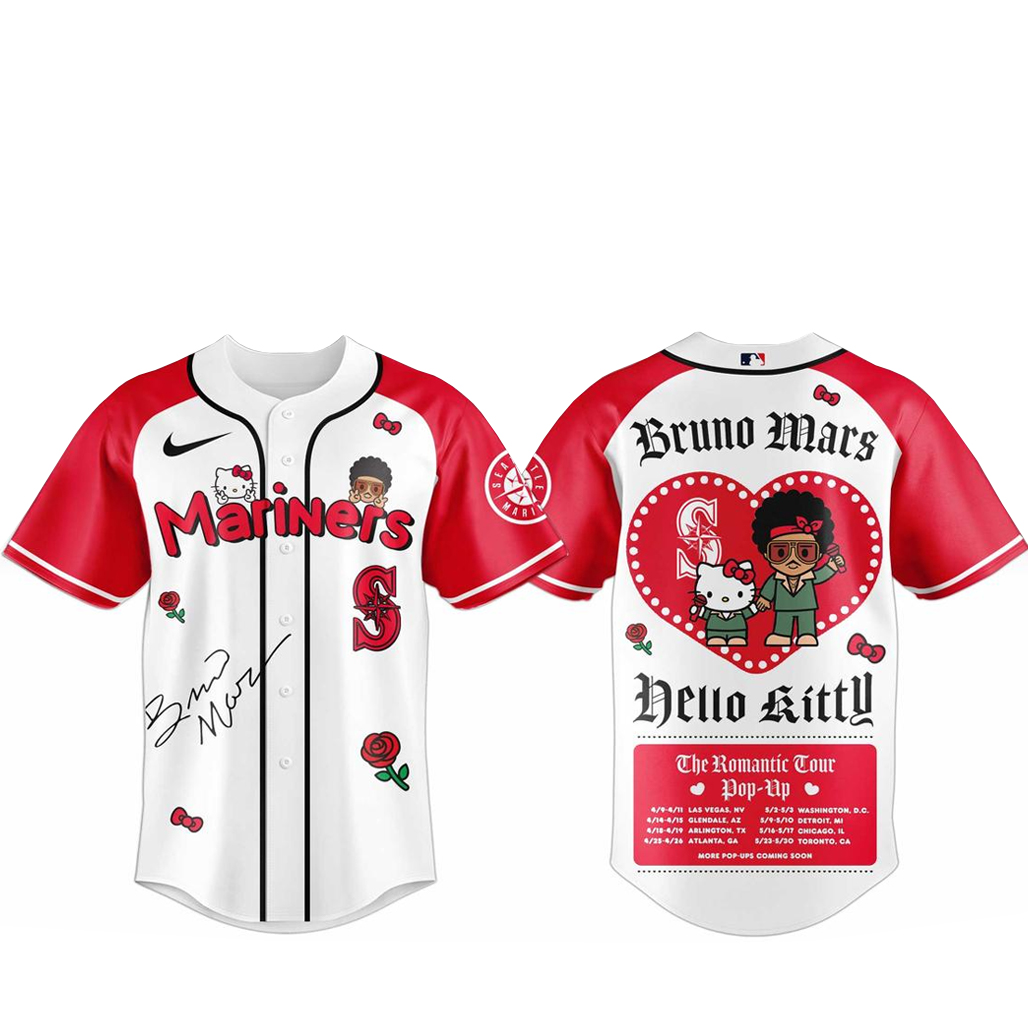 Seattle Mariners Bruno Mars x Hello Kitty 2026 The Romantic Tour Baseball Jersey 1 Seattle Mariners Bruno Mars x Hello Kitty 2026 The Romantic Tour Baseball Jersey