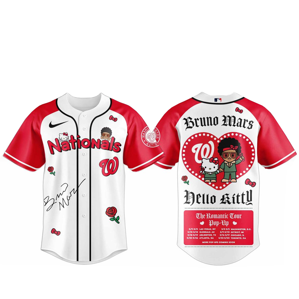 Washington Nationals Bruno Mars x Hello Kitty 2026 The Romantic Tour Baseball Jersey 1 Washington Nationals Bruno Mars x Hello Kitty 2026 The Romantic Tour Baseball Jersey