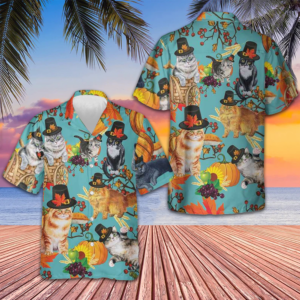 Cats Thanksgiving Hawaiian Shirt Cat Lovers Cute Button Up Shirt 2026 Thanksgiving