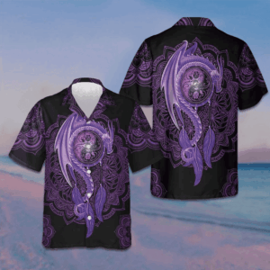 Neon Purple Dragon Mandala Hawaiian Shirt Beach Button Down Shirt Men Gifts For Hubby