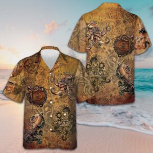 Steampunk Octopus Hawaiian Shirt Men's Short Sleeve Button Up Beach Shirts Best Gifts