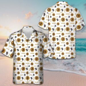 Bitcoin Seamless Pattern In White Background Hawaiian Shirt Short Sleeve Button Up Men