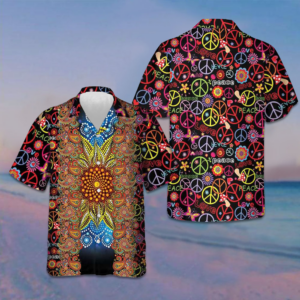 Vibrant Color Hippie Hawaiian Shirt Peace Sign Pattern Shirt Gifts For Boyfriend