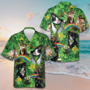 Cats Saint Patrick's Day Hawaiian Shirt Shamrock Button Down Shirt Gifts For Irish Cat Lovers