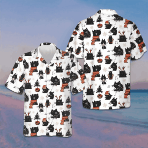 Cartoon Black Cat Merry Christmas Hawaiian Shirt Funny Xmas Cat Shirt Gifts For Cousin