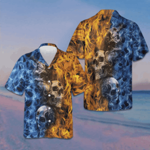 Gothic Skull Fire And Water Hawaiian Shirt Men's Button Up Gifts For Boyfriend