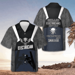 Skilled Electricians Skull Hawaiian Shirt Short Sleeve Button Up Gifts For Electricians