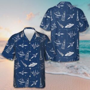 Space Aircraft Seamless Pattern Hawaiian Shirt Navy Aircraft Aviation Shirt Gift For Men