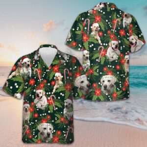 Christmas Labrador Retriever With Poinsettia Flower Hawaiian Shirt Dog Lover Xmas Shirts Men's