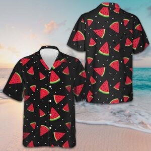 Watermelon Pattern Black Hawaiian Shirt Button Up Beach Shirts Men Gifts For Son