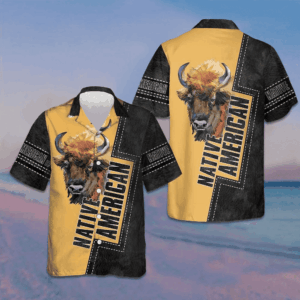 Native American Forest Bison Hawaiian Shirt Black And Yellow Button Up Shirt Men's