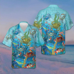 Underwater World Crab Hawaiian Shirt Crab Lovers Button Up Beach Shirts Men