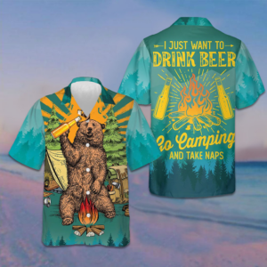 I Just Want To Drink Beer Go Camping Hawaiian Shirt Camping Lover Funny Bear Shirt Men's