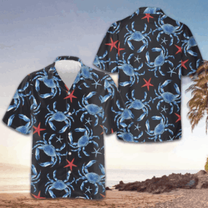 Blue Crab And Starfish Pattern Hawaiian Shirt Crab Lovers Summer Button Up Shirts Men's