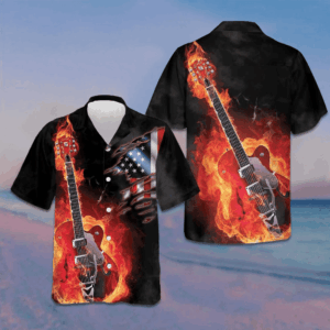 Guitar On Fire Hawaiian Shirt American Flag Button Up Shirts For Men Gifts For Guitar Lovers