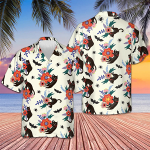 Black Bats And Cats Hawaiian Shirt Beach Button Up Shirts For Men Gifts For Boyfriend