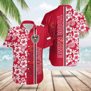 Custom Austria Coat Of Arms Hibiscus Pattern Hawaiian Shirt Men's Gifts For Austrian