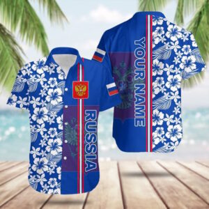 Custom Russia Coat Of Arms Hibiscus Pattern Hawaiian Shirt Summer Gifts For Russian