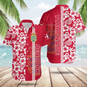 Custom Denmark Coat Of Arms Hibiscus Pattern Hawaiian Shirt Gifts For Someone In Denmark