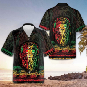 Rasta Lion With Cannabis Marijuana Lion Hawaiian Shirt Men's Tropical Button Down Gift Ideas
