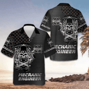 Mechanic Engineer Skull Hawaiian Shirt Men's Short Sleeve Button Up Best Gifts For Mechanics