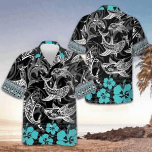 Polynesian Shark Hawaiian Shirt Men's Tropical Button Up Shirt Gifts For Boyfriend