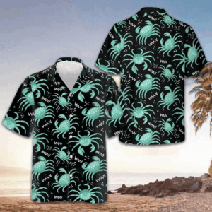 Green Crab Hawaiian Shirt Men's Short Sleeve Button Up Beach Shirts Gifts For Crab Lovers