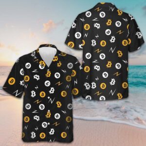 Bitcoin Seamless Pattern In Black Background Hawaiian Shirt Men's Button Down Short Sleeve