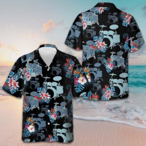 Blue Tropical Flower Drum Hawaiian Shirt Summer Button Up Shirt Best Gifts For Drummers