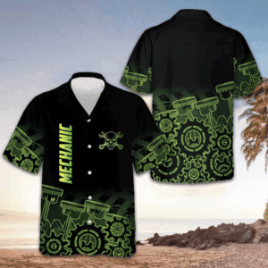 Green Steampunk Mechanic Hawaiian Shirt Vacation Button Up Shirt Gifts For Mechanic