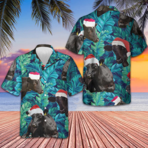 Black Cows Wear Santa Hat Hawaiian Shirt Tropical Leaves Pattern Christmas Shirt Gifts For Men