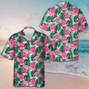 Tropical Palm Leaves Watermelon Hawaiian Shirt Beach Button Down Gifts For Watermelon Lovers